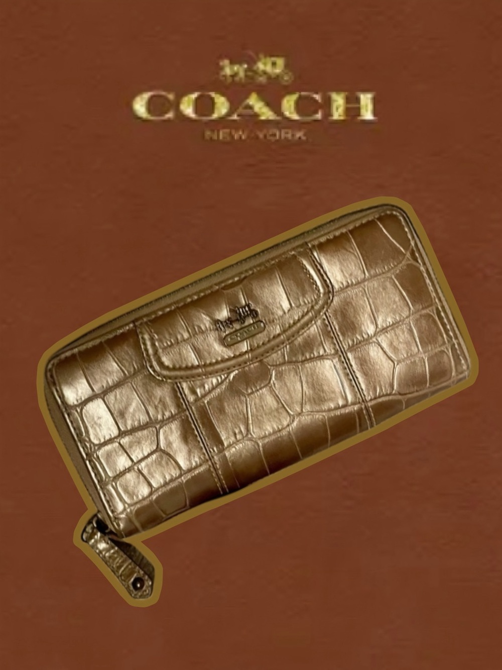 EUC Coach Madison Bronze Embossed Exotic Croc Accordion Zip-Around Wallet 46628